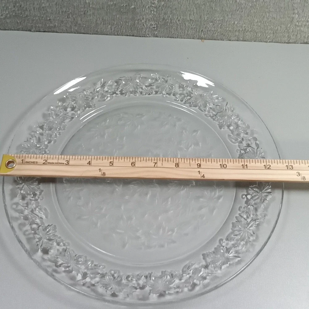 Vintage Clear Pressed‎ Glass Floral Embossed 13 Inch Round Serving Platter Tray